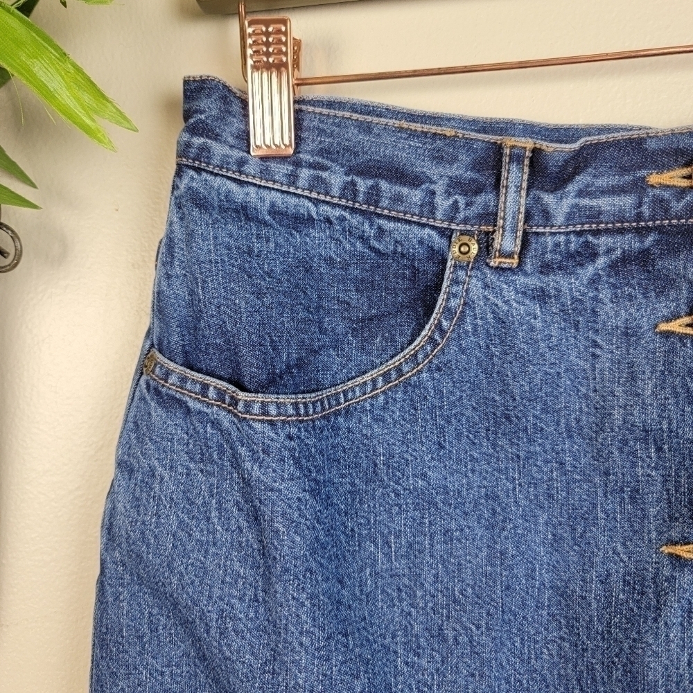Eddie Bauer Vintage Flannel Lined Jean Skirt Long Denim Button Down Plaid Y2K - Picture 3 of 14